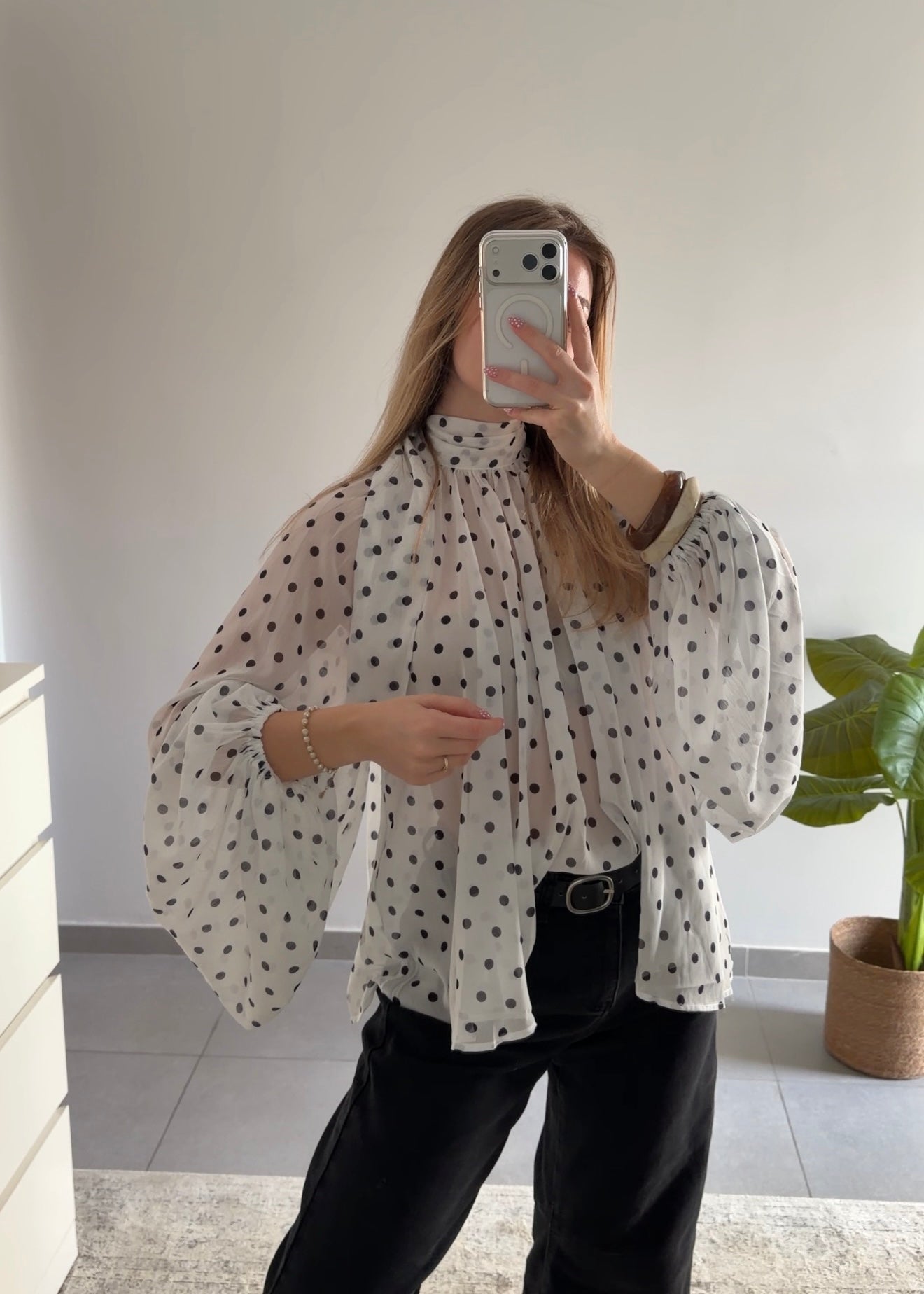 BLOUSE NATACHA À POIS - BLANCHE ET NOIRE